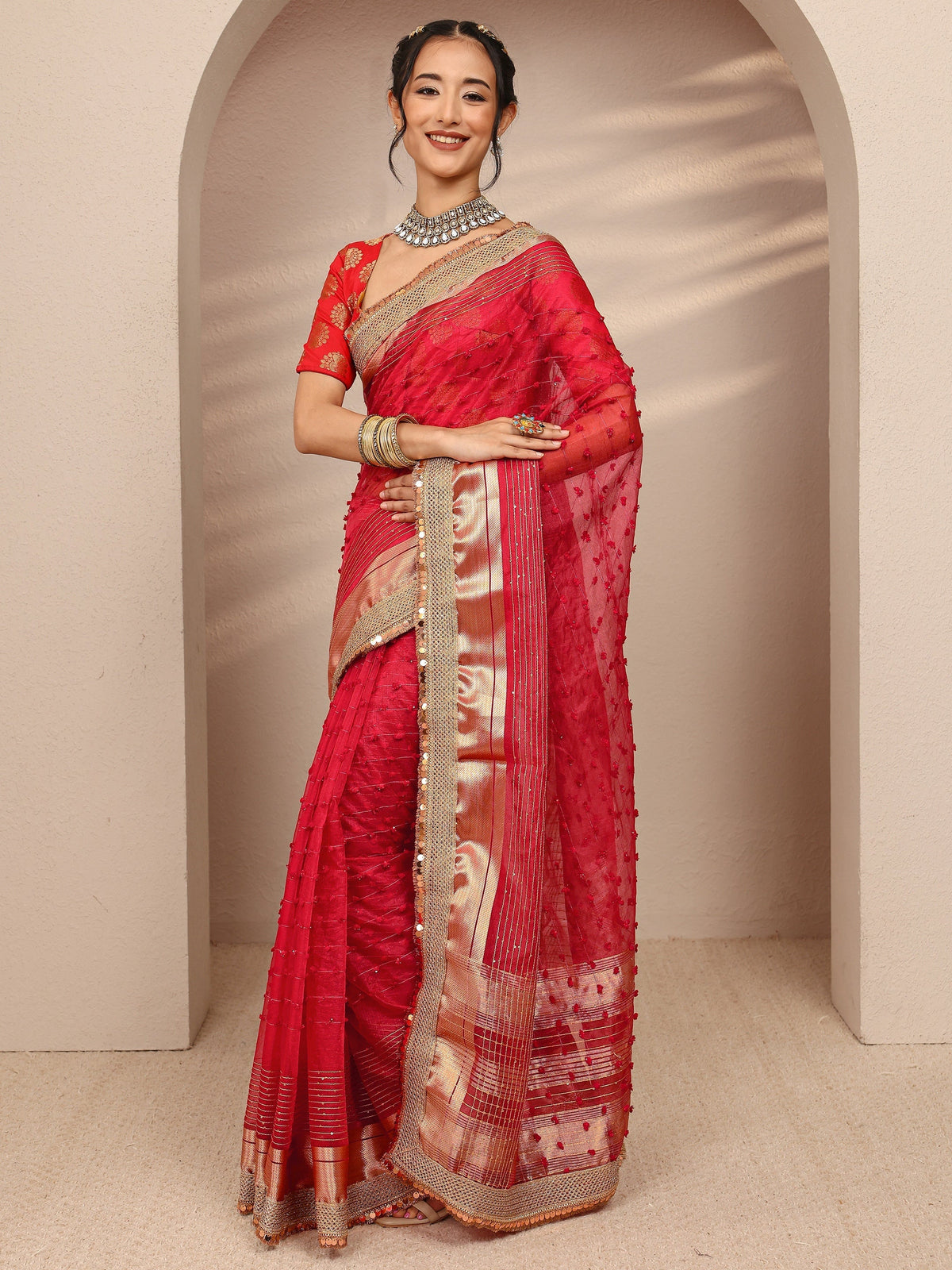 Red Woven Design Chanderi Silk Saree With Unstitched Blouse Piece