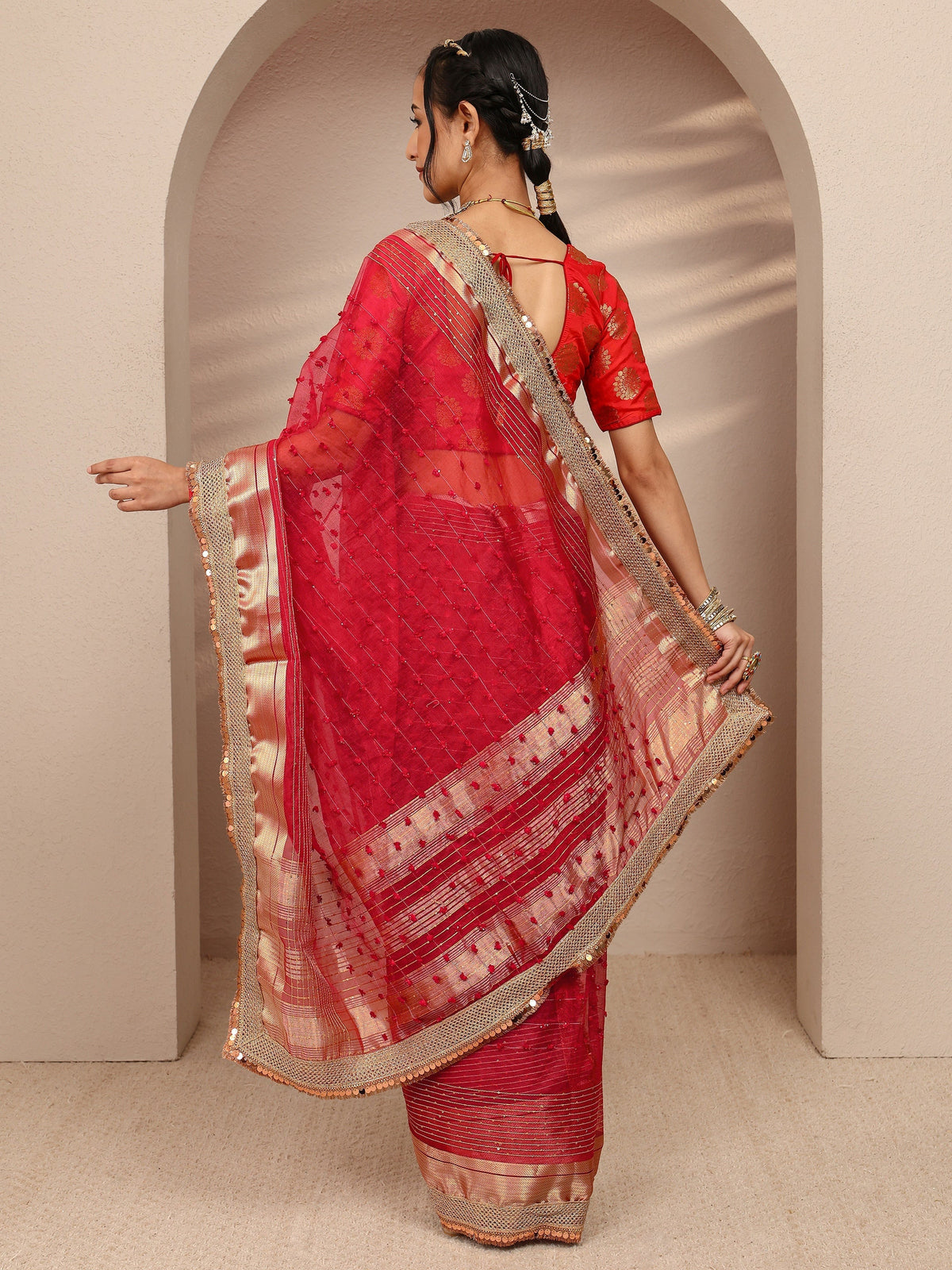 Red Woven Design Chanderi Silk Saree With Unstitched Blouse Piece
