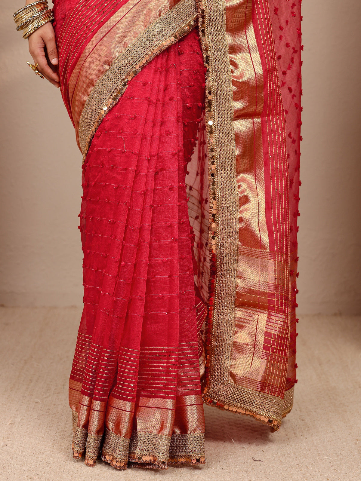 Red Woven Design Chanderi Silk Saree With Unstitched Blouse Piece