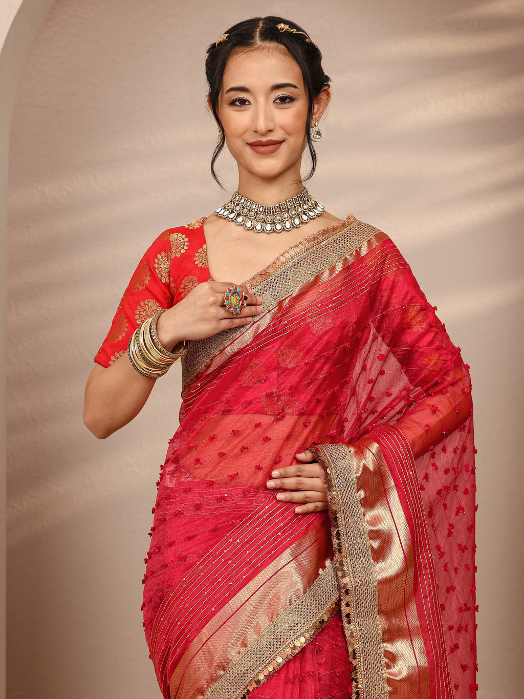 Red Woven Design Chanderi Silk Saree With Unstitched Blouse Piece