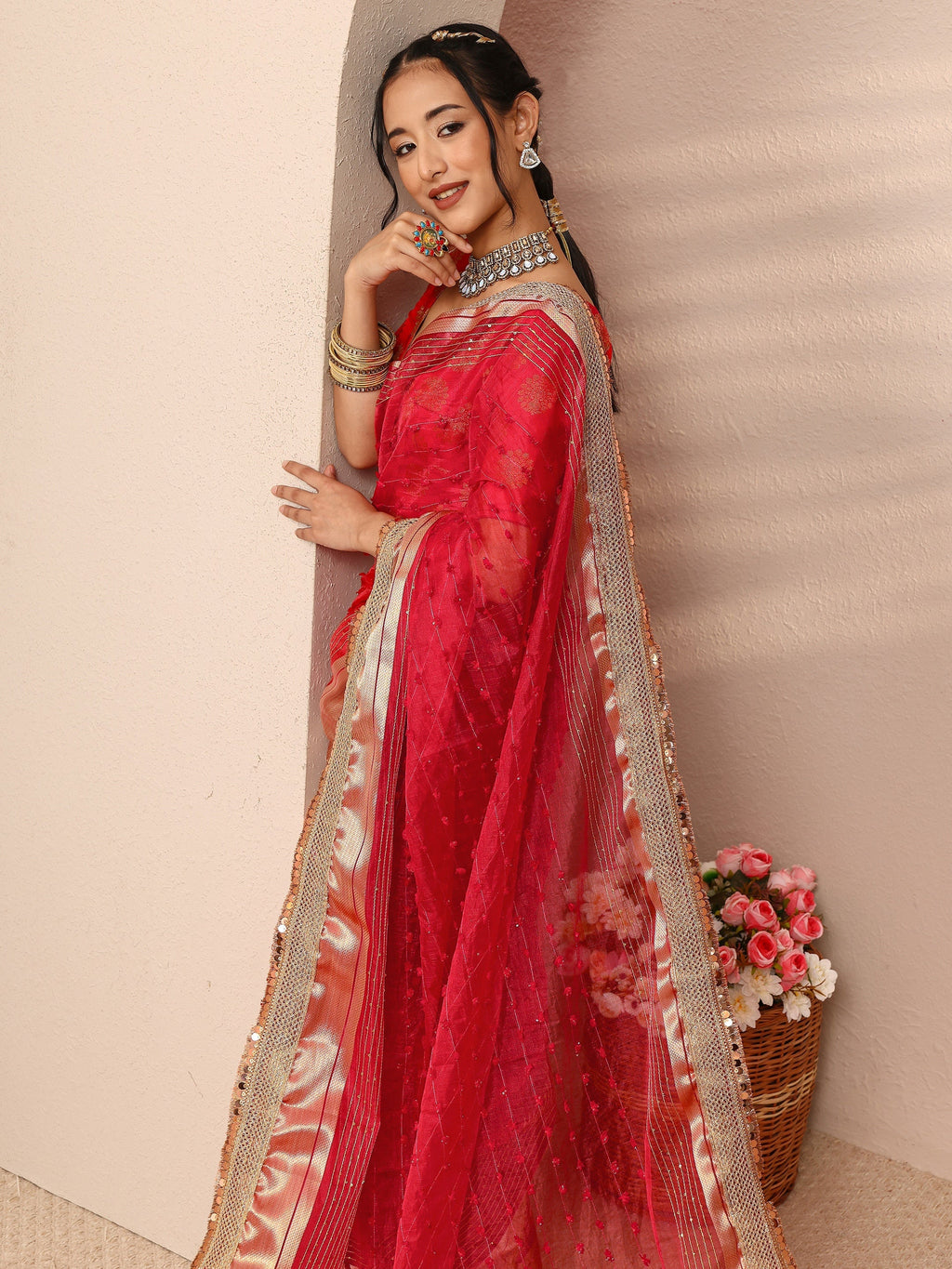 Red Woven Design Chanderi Silk Saree With Unstitched Blouse Piece
