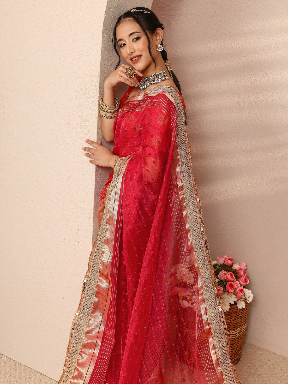 Red Woven Design Chanderi Silk Saree With Unstitched Blouse Piece