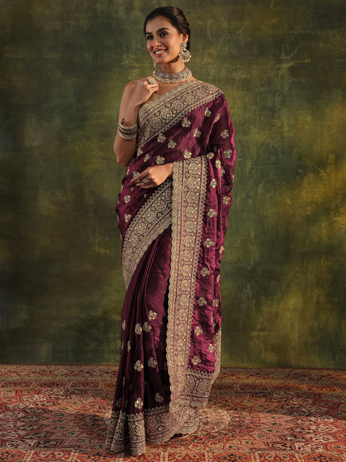 Art Magenta Embellished Tissue Saree With Unstitched Blouse Piece