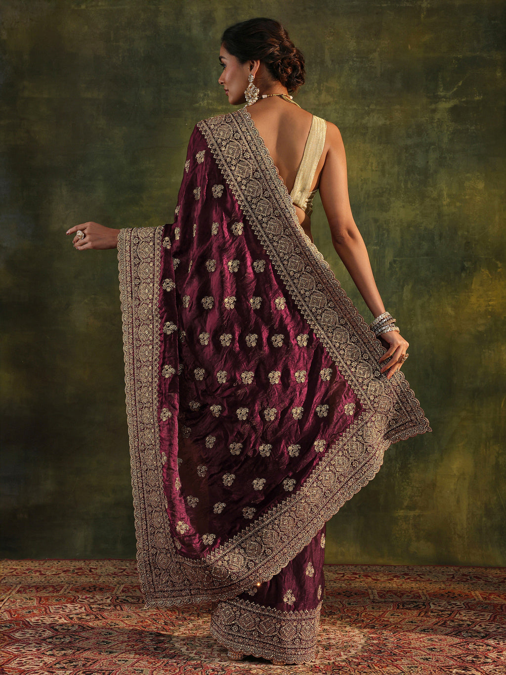 Art Magenta Embellished Tissue Saree With Unstitched Blouse Piece