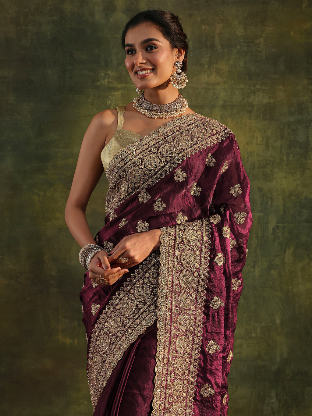 Art Magenta Embellished Tissue Saree With Unstitched Blouse Piece