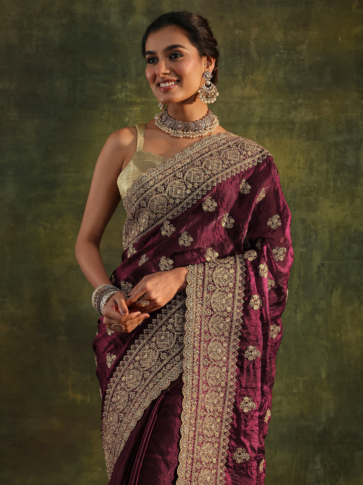 Art Magenta Embellished Tissue Saree With Unstitched Blouse Piece