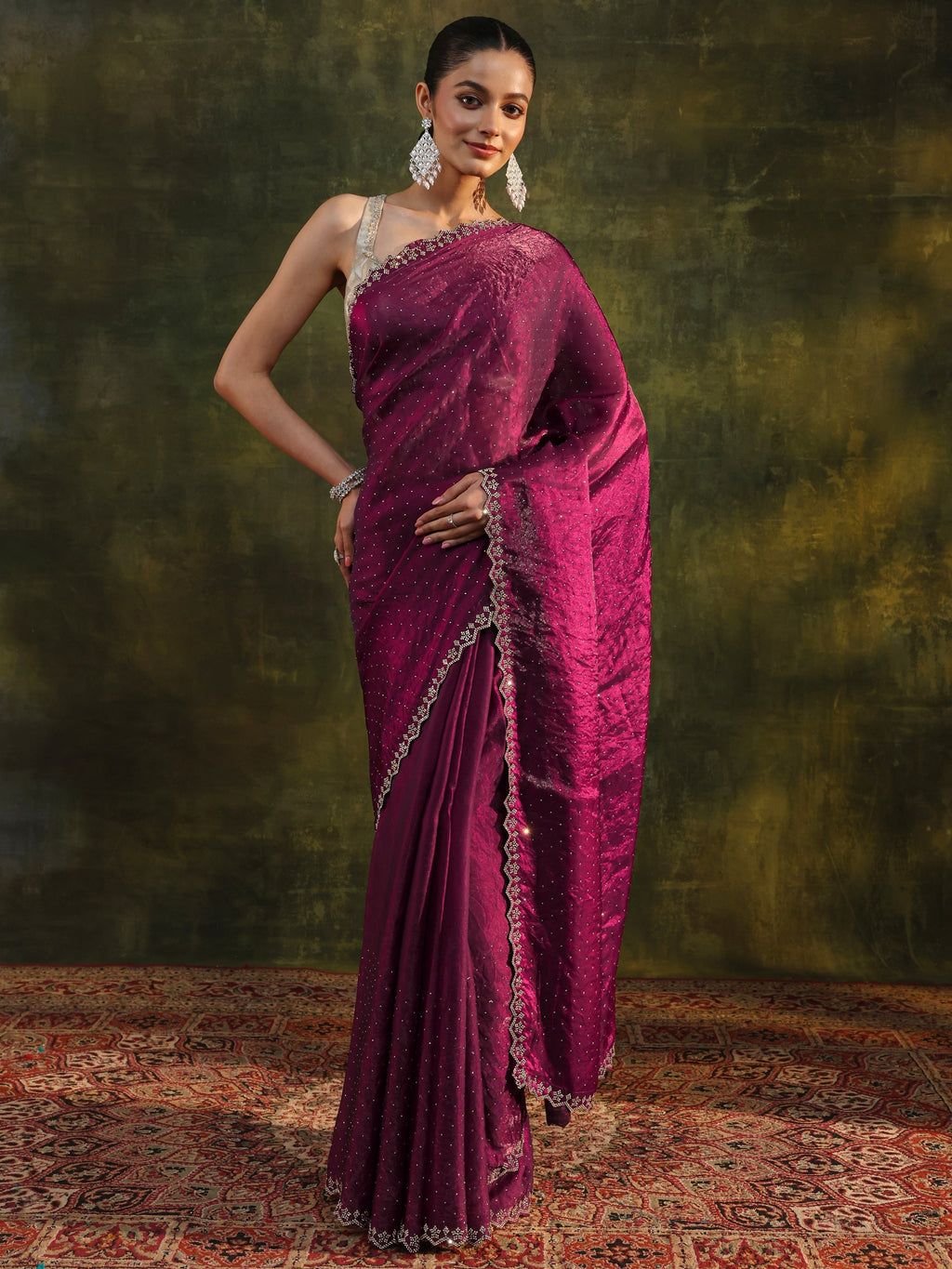 Maroon Embellished Tissue Saree With Unstitched Blouse Piece