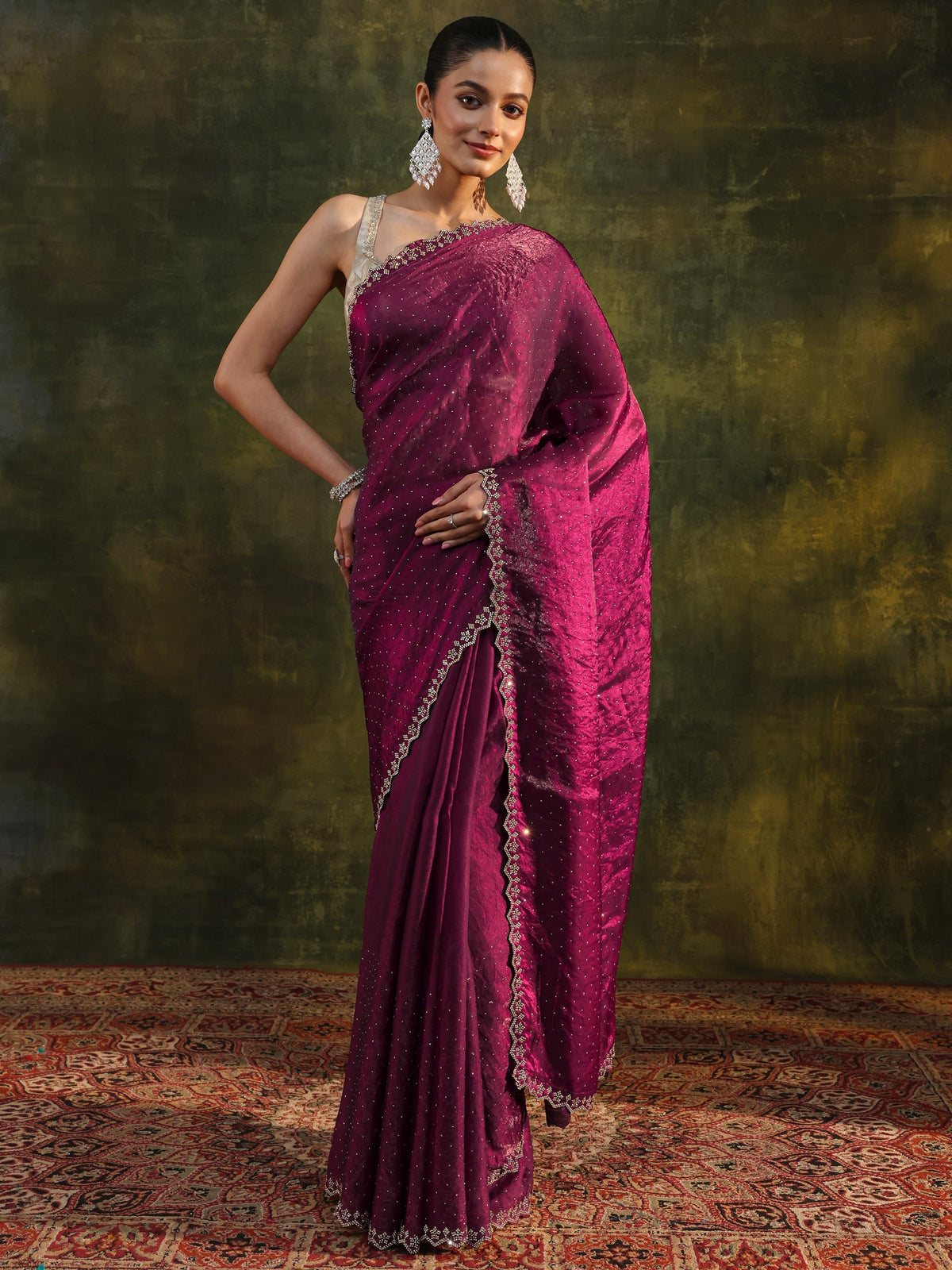 Maroon Embellished Tissue Saree With Unstitched Blouse Piece