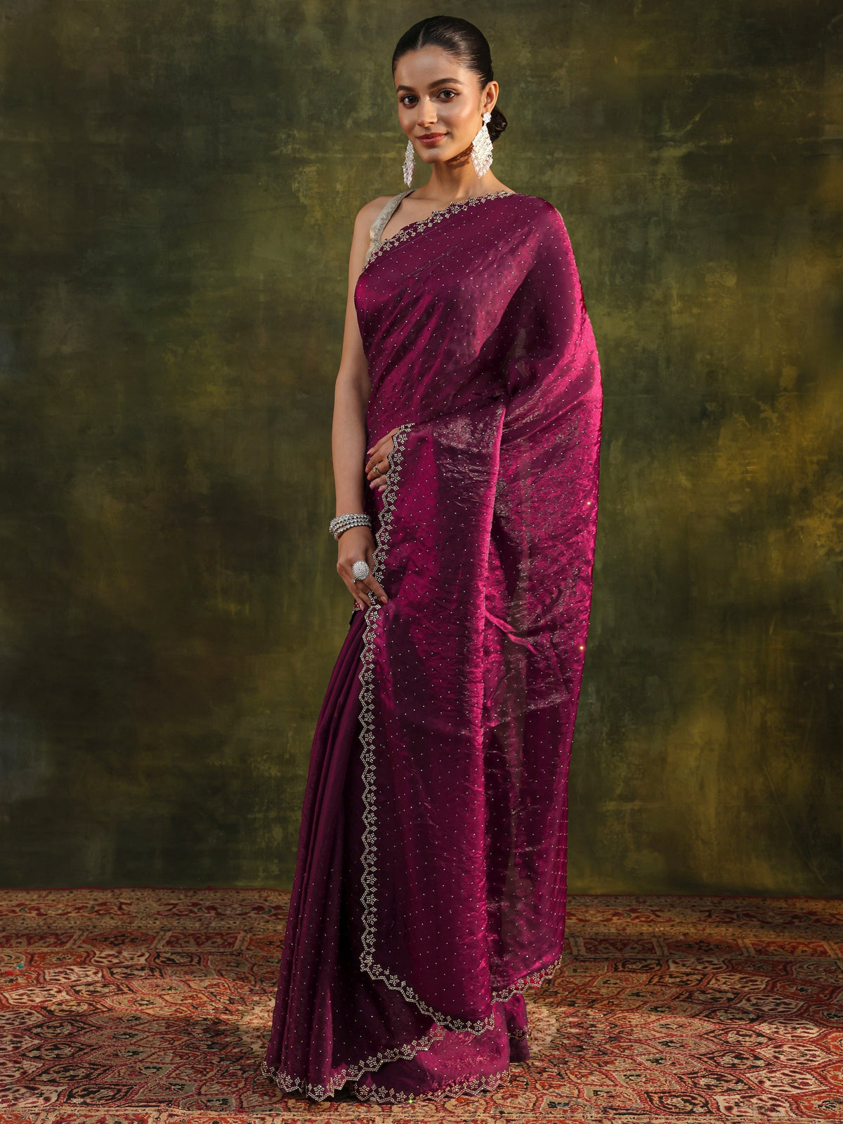 Maroon Embellished Tissue Saree With Unstitched Blouse Piece