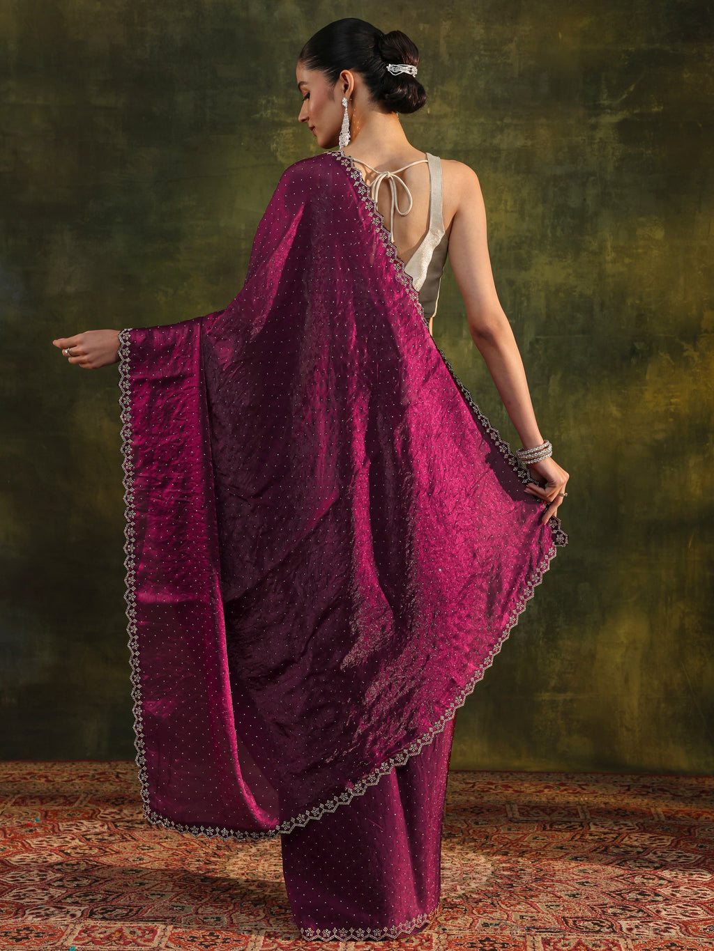 Maroon Embellished Tissue Saree With Unstitched Blouse Piece
