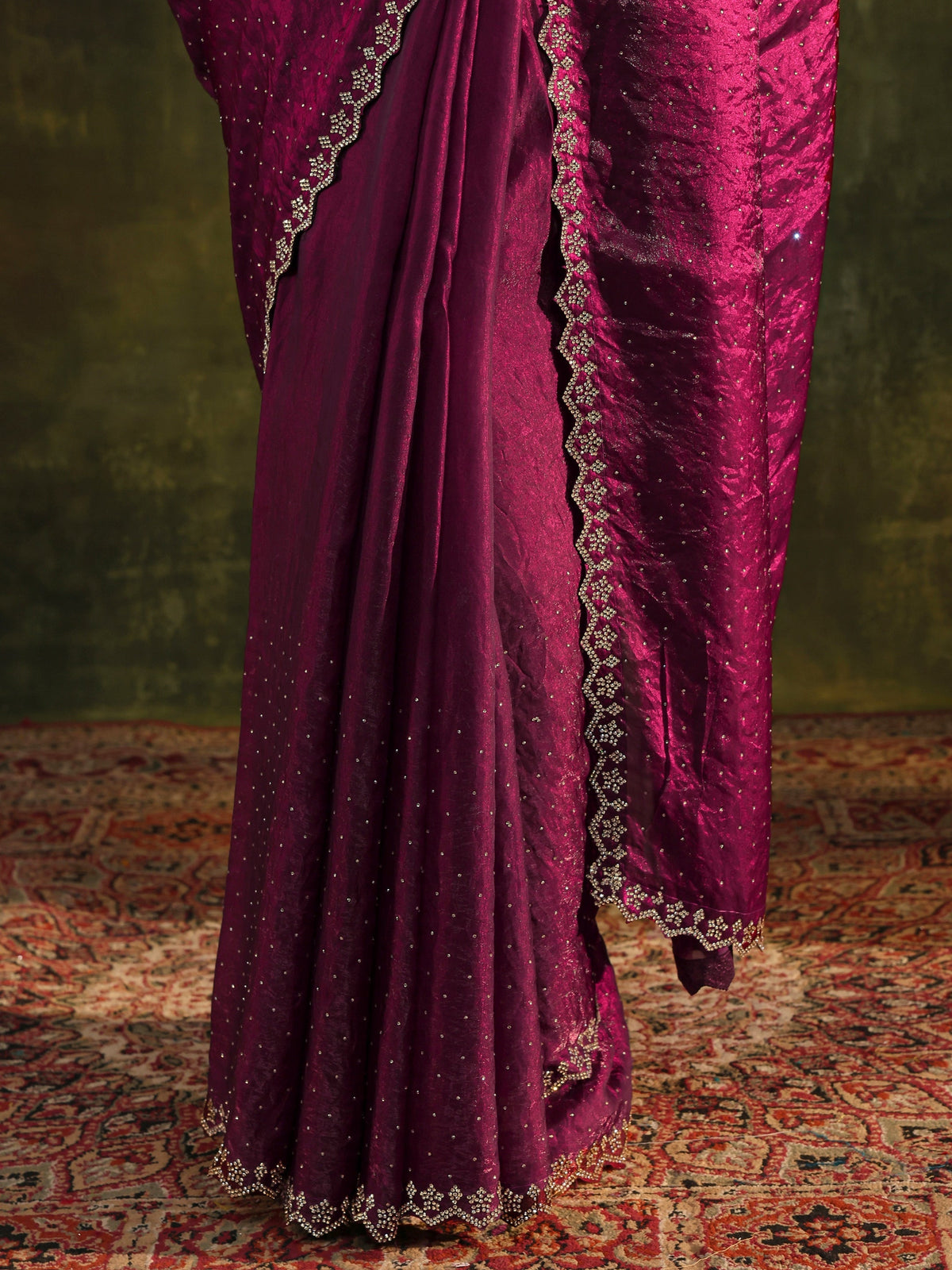 Maroon Embellished Tissue Saree With Unstitched Blouse Piece