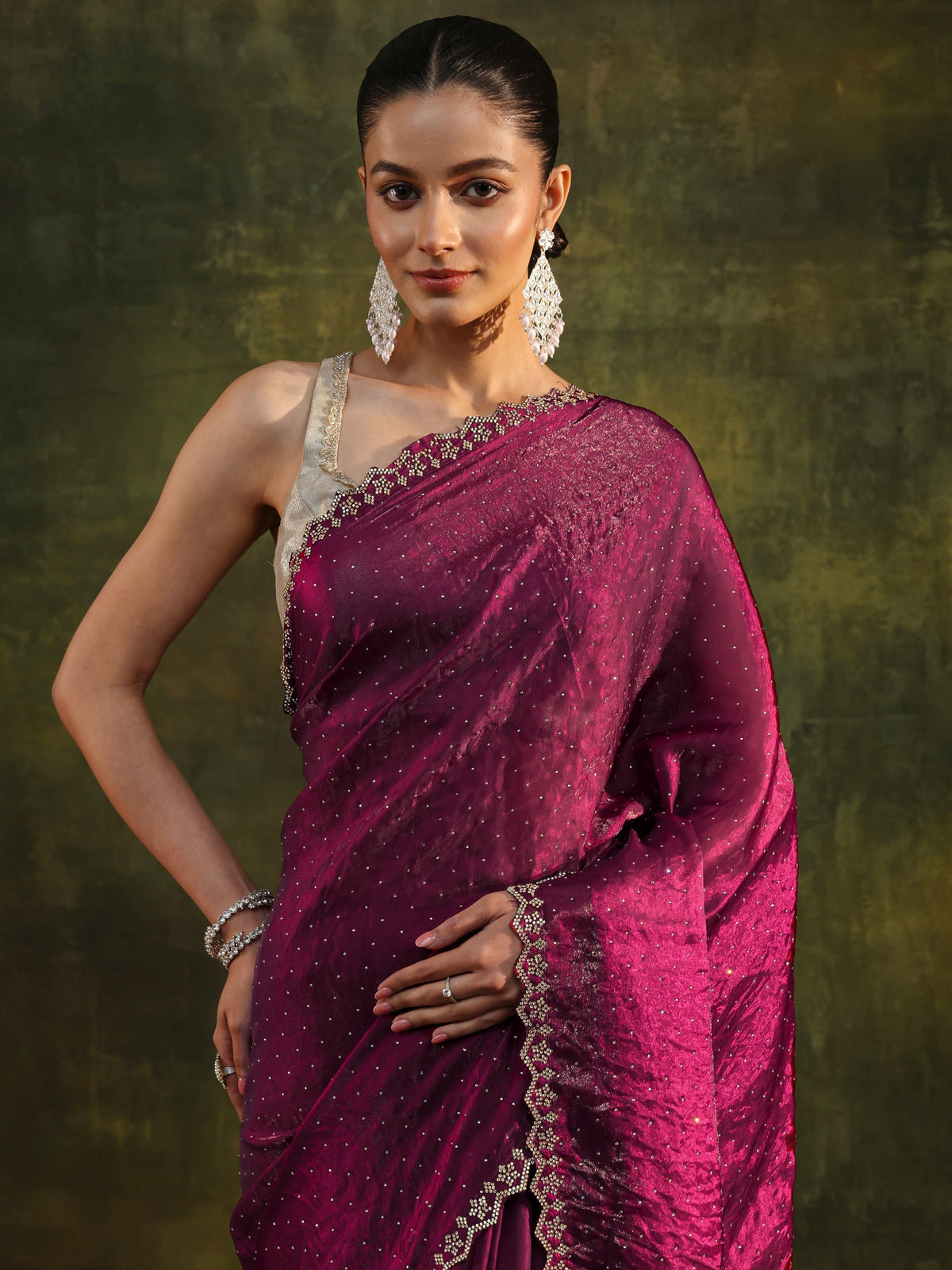 Maroon Embellished Tissue Saree With Unstitched Blouse Piece