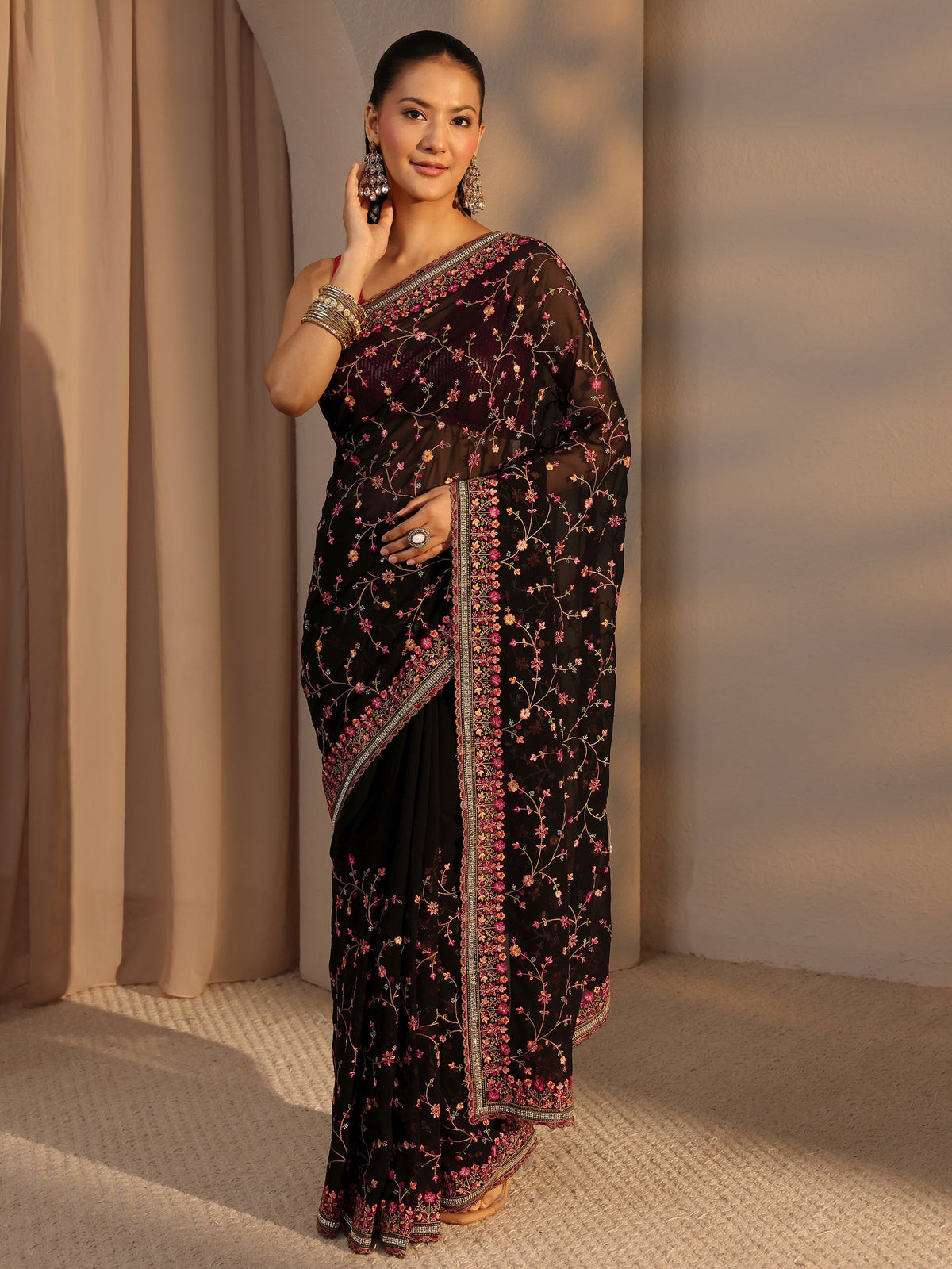 Black Floral Embroidered Net Saree With Unstitched Blouse Piece