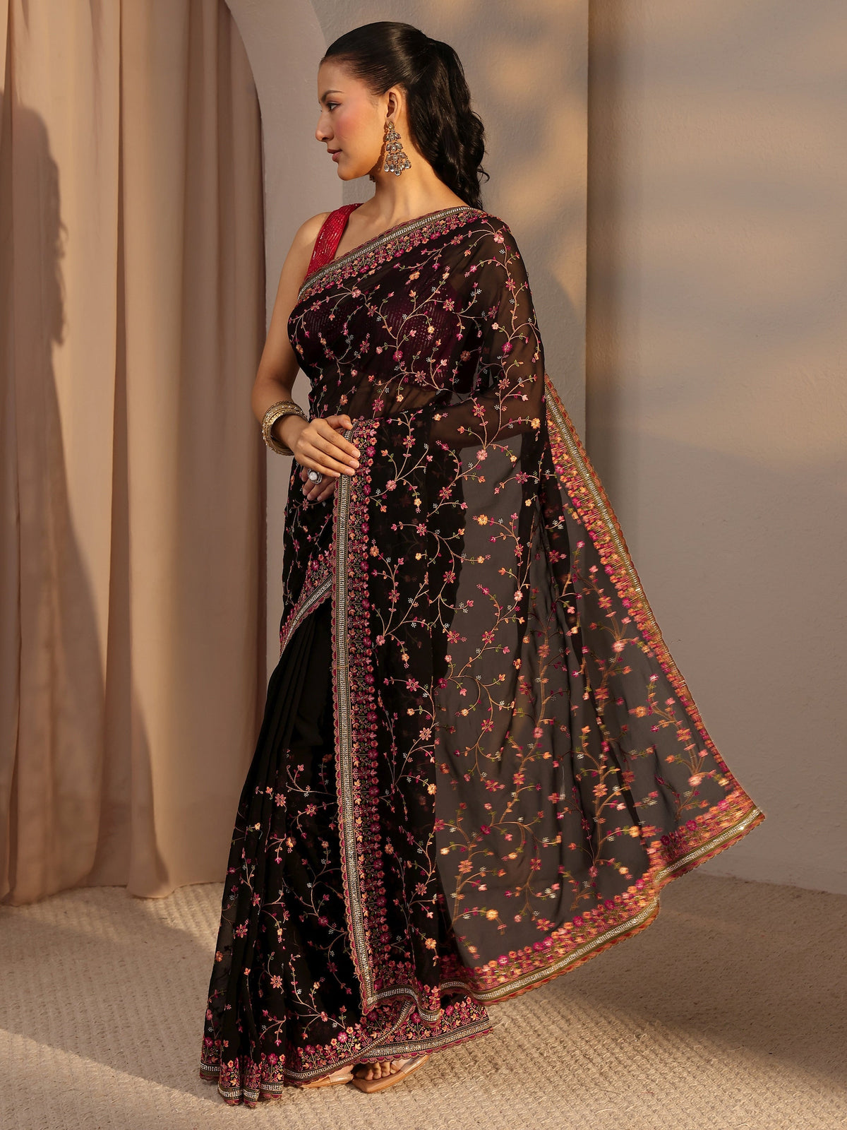 Black Floral Embroidered Net Saree With Unstitched Blouse Piece