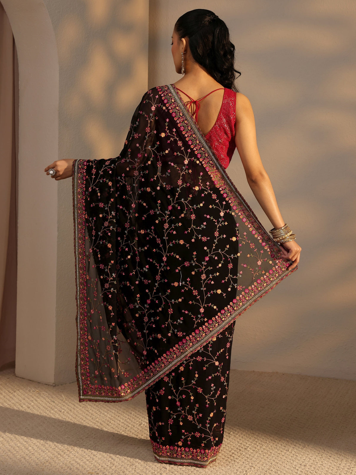 Black Floral Embroidered Net Saree With Unstitched Blouse Piece
