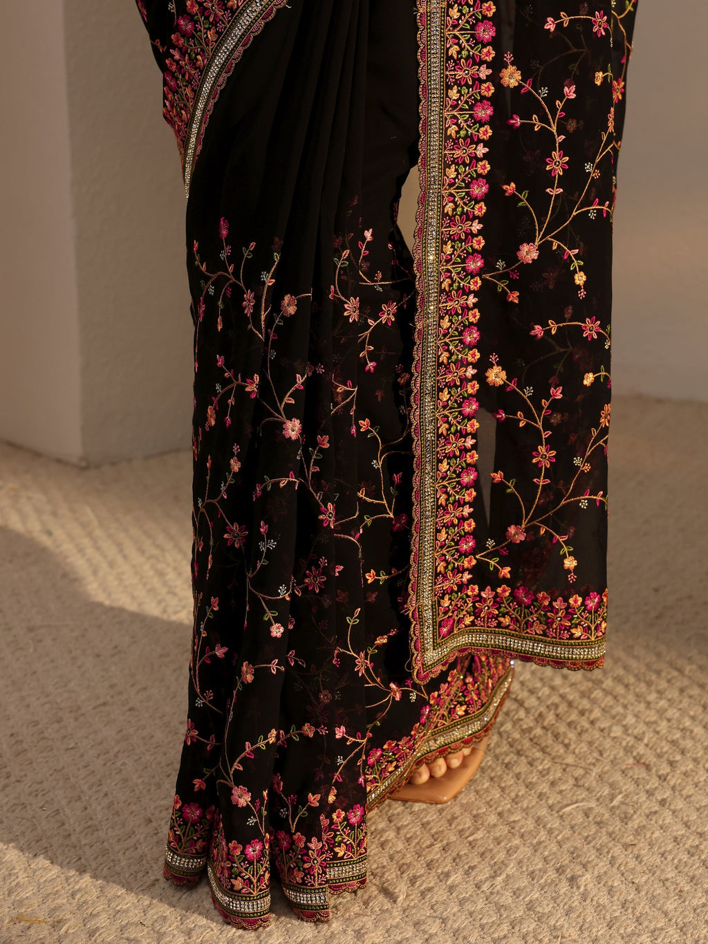 Black Floral Embroidered Net Saree With Unstitched Blouse Piece