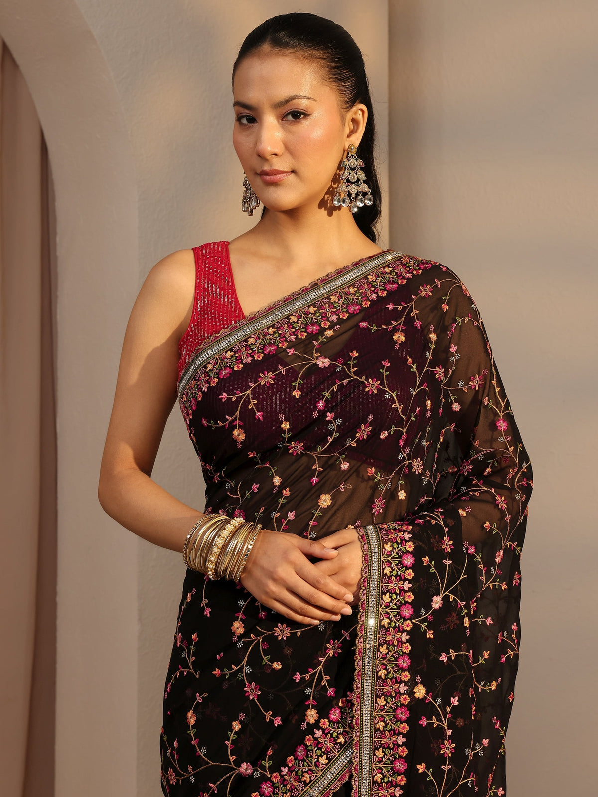 Black Floral Embroidered Net Saree With Unstitched Blouse Piece