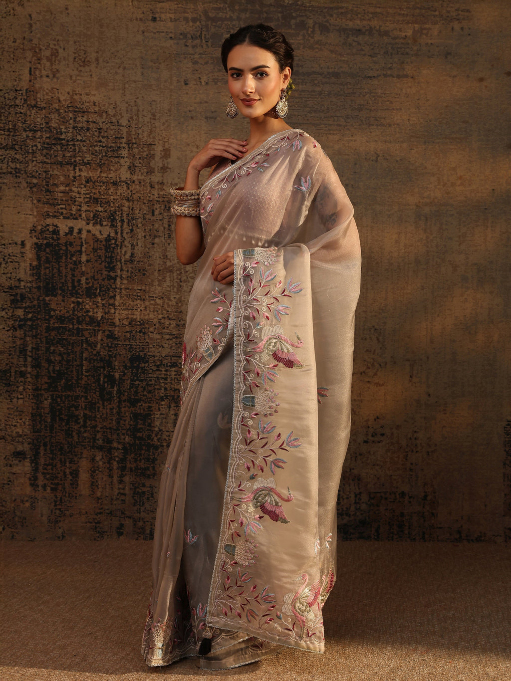Taupe Floral Embroidered Organza Saree With Unstitched Blouse Piece