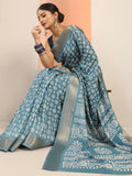Blue Printed Silk Blend Saree With Unstitched Blouse Piece