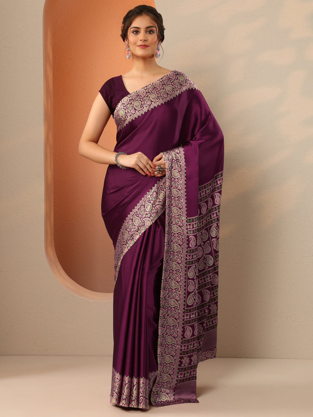 Burgundy Solid Satin Saree With Unstitched Blouse Piece