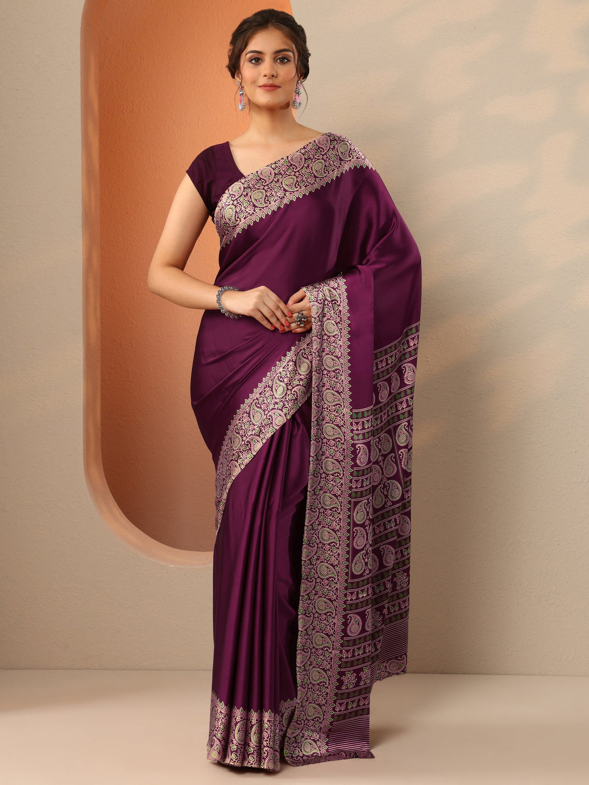 Burgundy Solid Satin Saree With Unstitched Blouse Piece