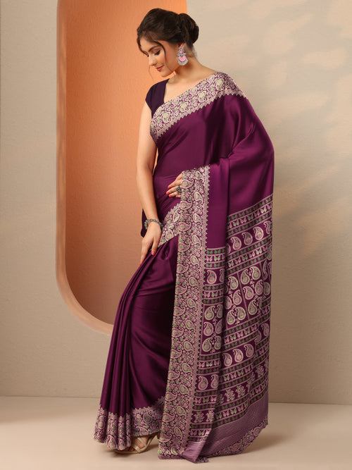 Burgundy Solid Satin Saree With Unstitched Blouse Piece