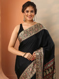 Black Solid Satin Saree With Unstitched Blouse Piece