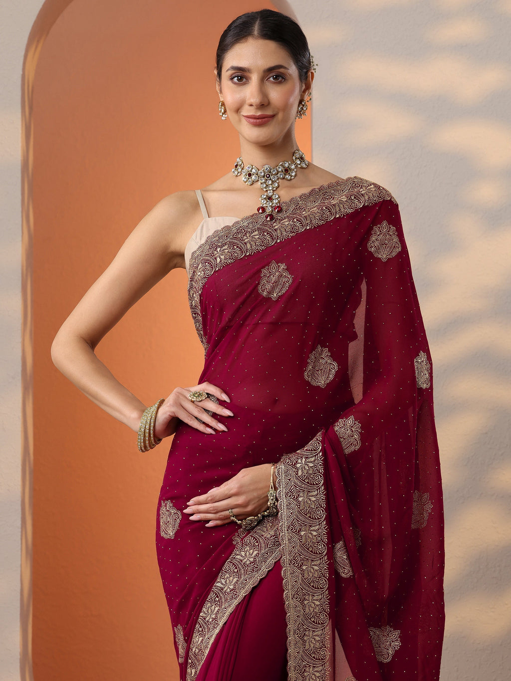 Red Embroidered Georgette Saree With Unstitched Blouse Piece
