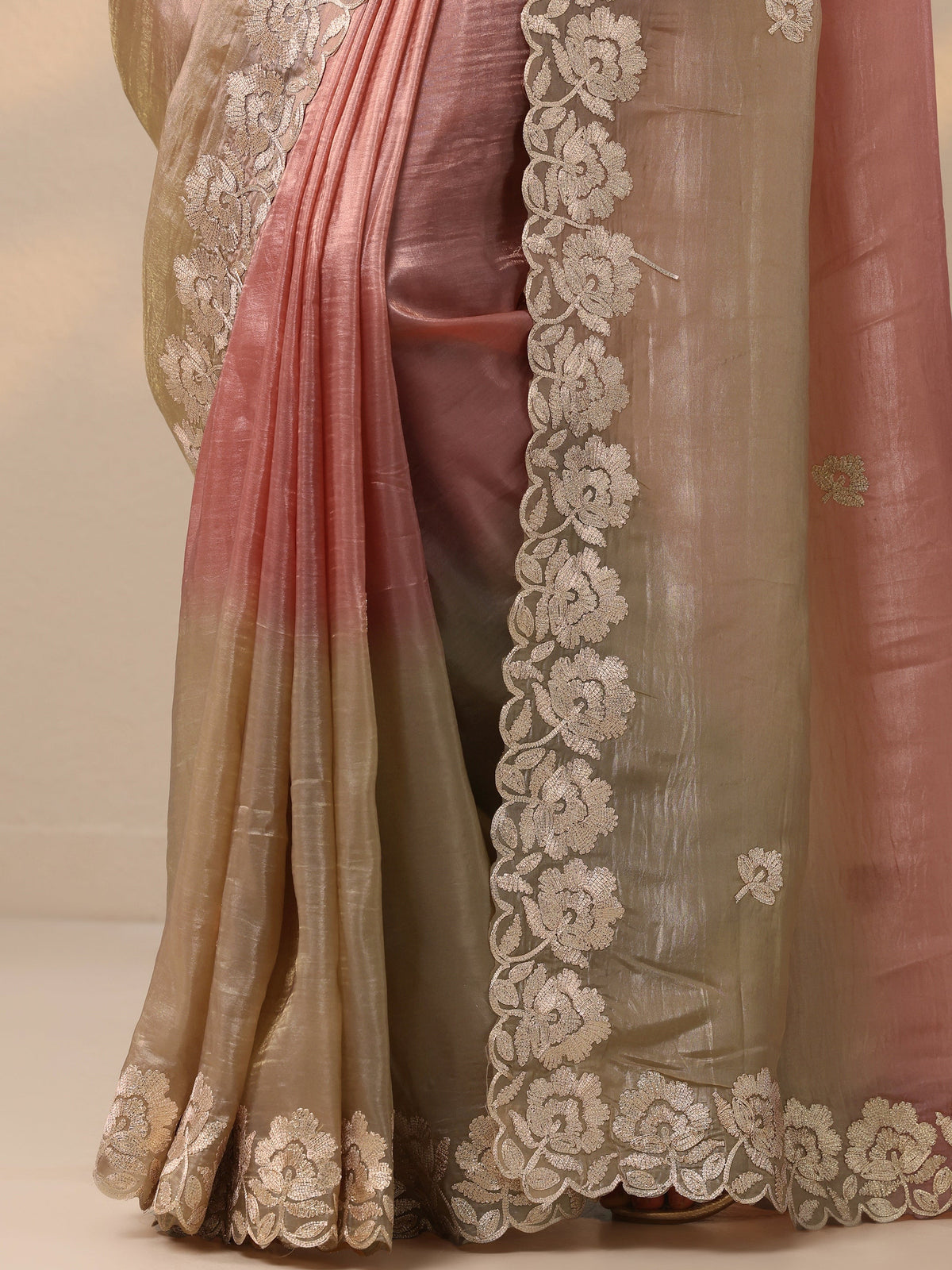 Peach Embroidered Organza Saree With Unstitched Blouse Piece