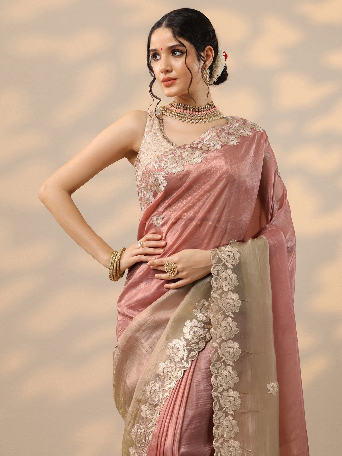 Peach Embroidered Organza Saree With Unstitched Blouse Piece