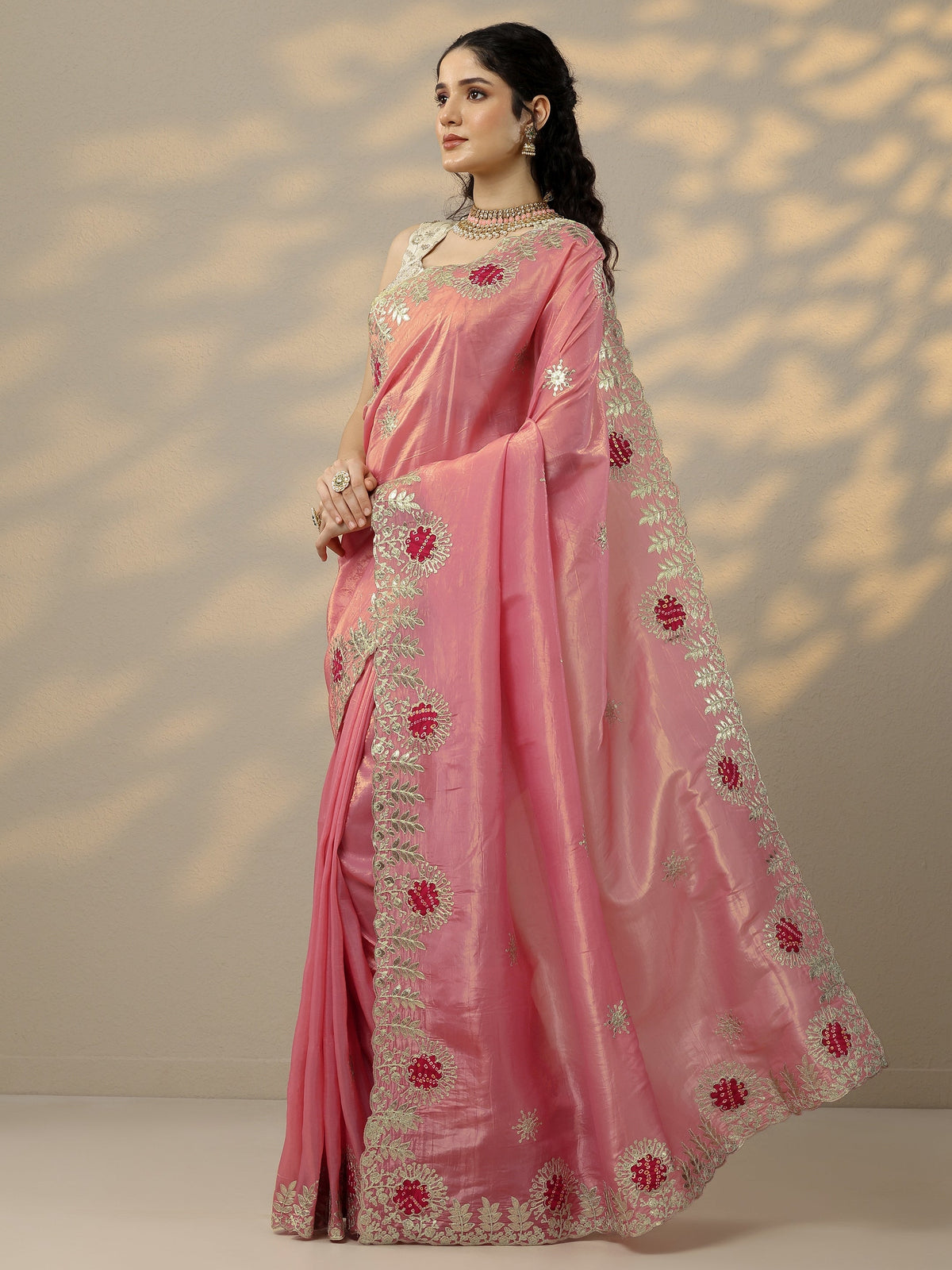Peach Embroidered Organza Saree With Unstitched Blouse Piece