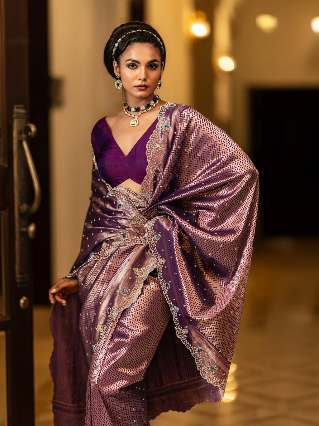Purple Woven Design Banarasi Silk Blend Saree With Unstitched Blouse Piece