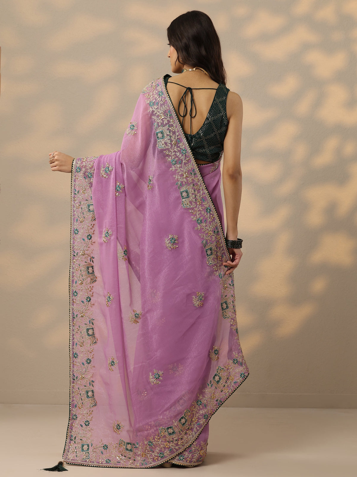 Lavender Embroidered Chinon Saree With Unstitched Blouse Piece
