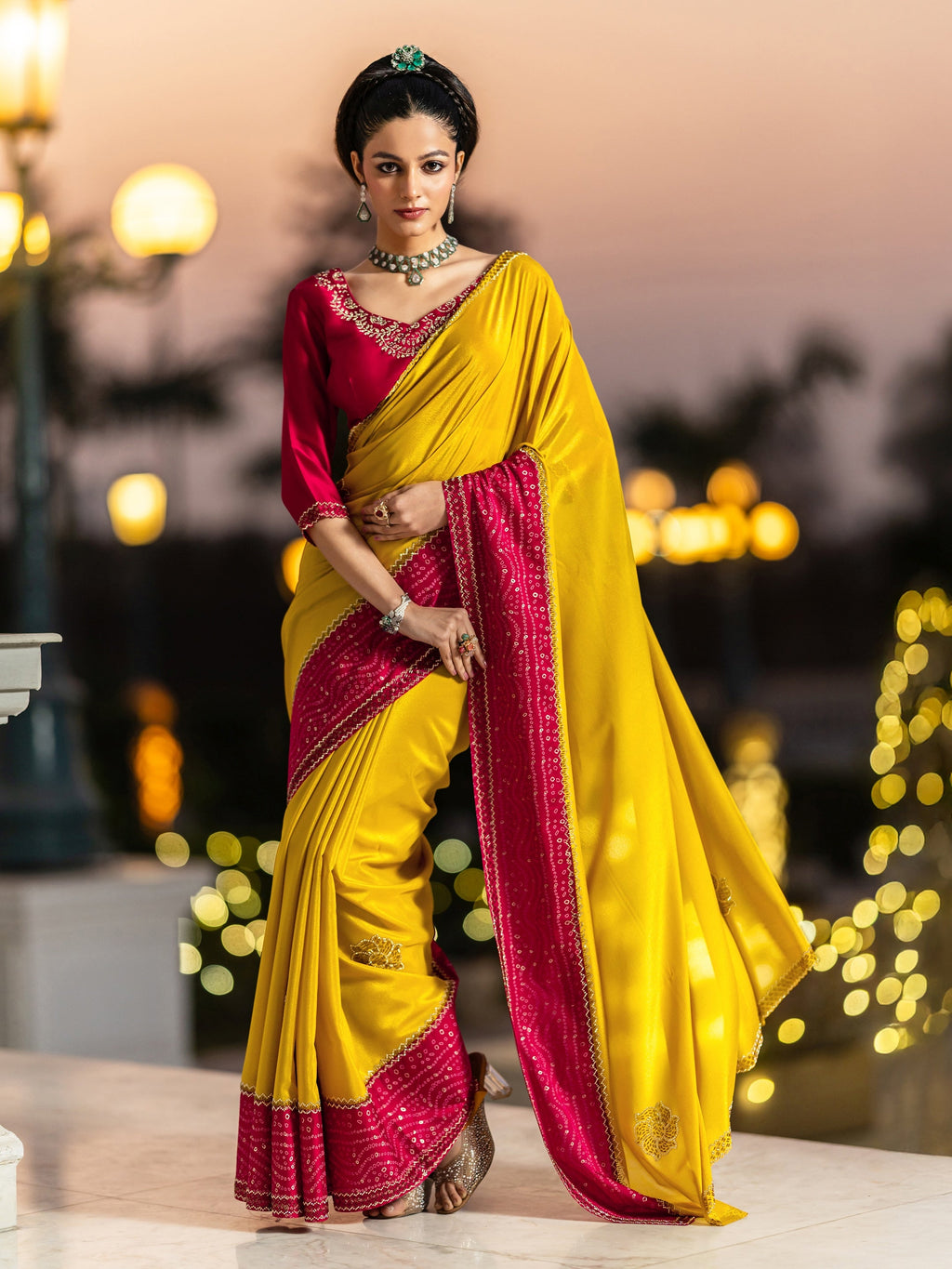 Mustard Embellished Crepe Saree With Unstitched Blouse Piece