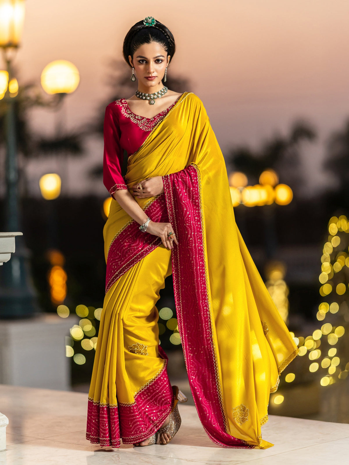 Mustard Embellished Crepe Saree With Unstitched Blouse Piece