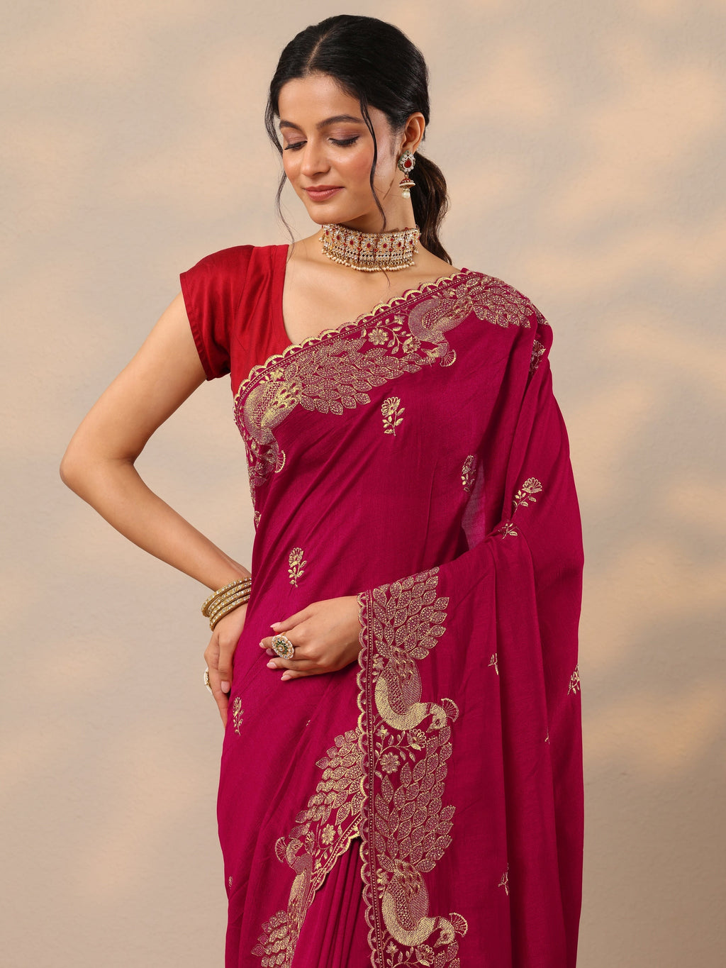 Pink Embroidered Silk Blend Sarees With Unstitched Blouse Piece