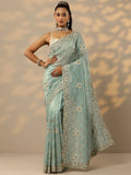 Green Embroidered Organza Saree With Unstitched Blouse Piece