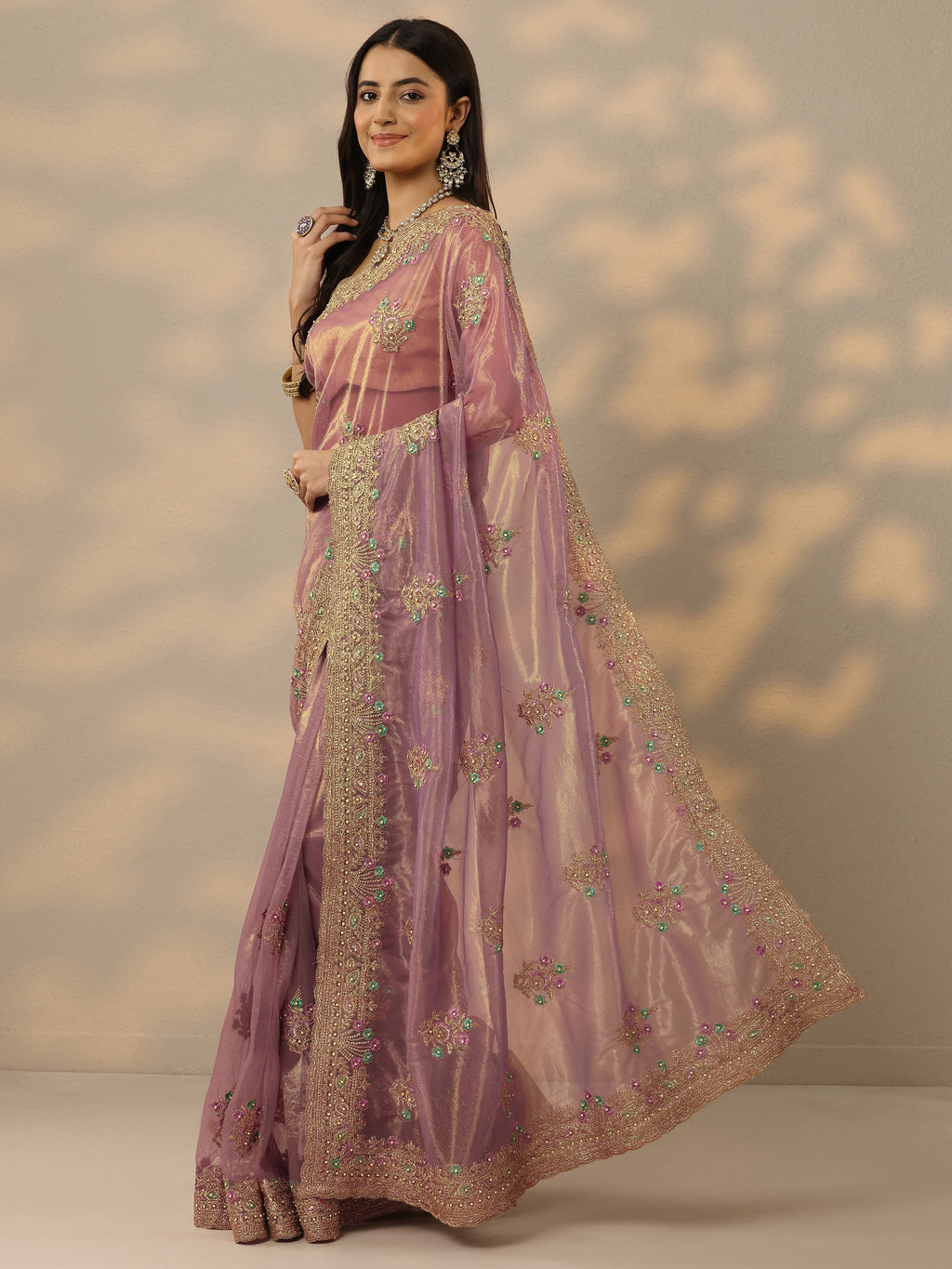 Mauve Embroidered Nylon Saree With Unstitched Blouse Piece