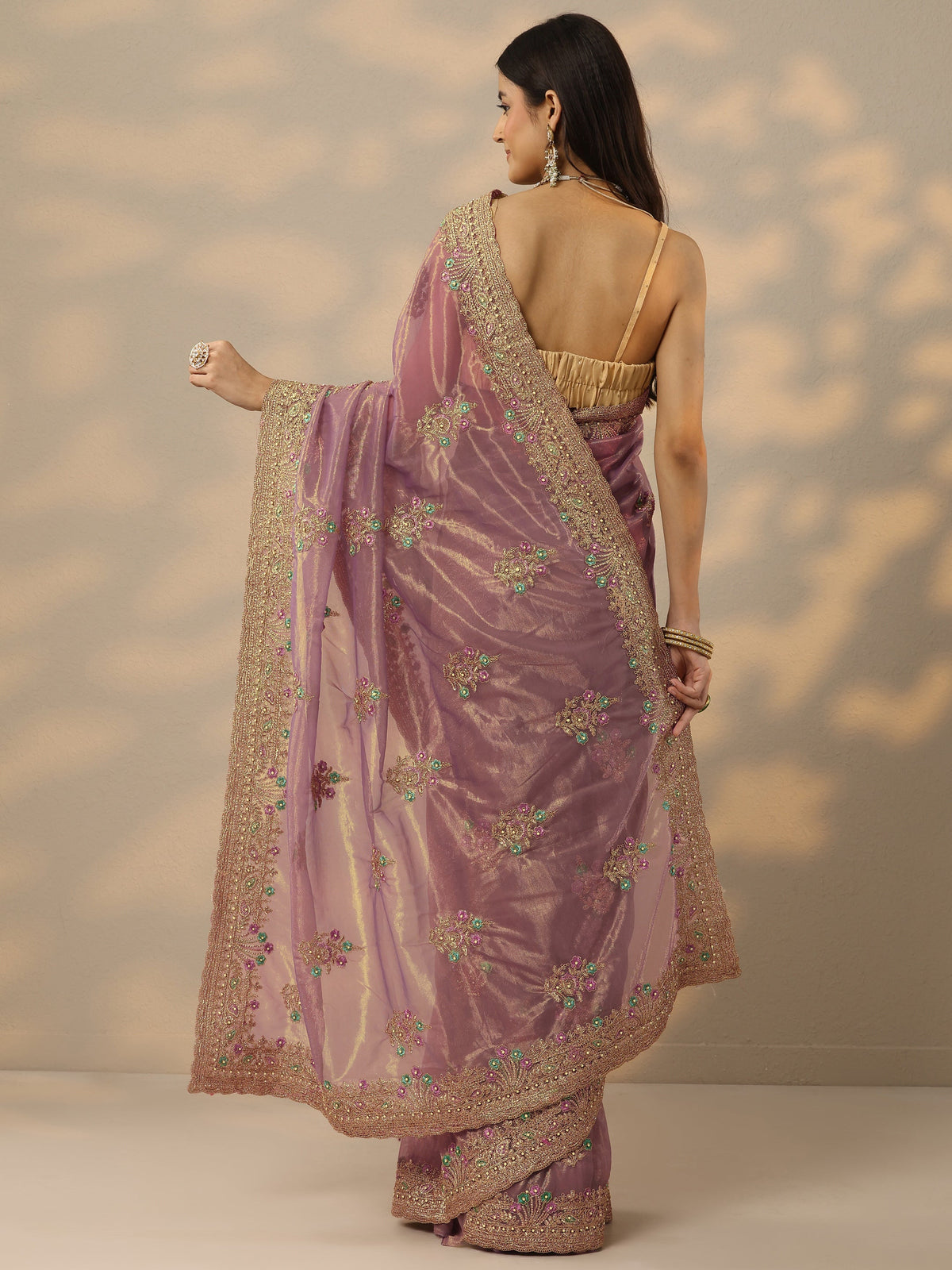 Mauve Embroidered Nylon Saree With Unstitched Blouse Piece