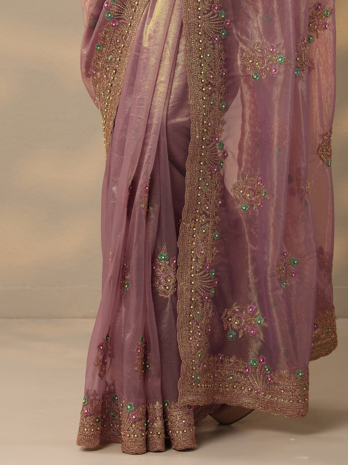 Mauve Embroidered Nylon Saree With Unstitched Blouse Piece