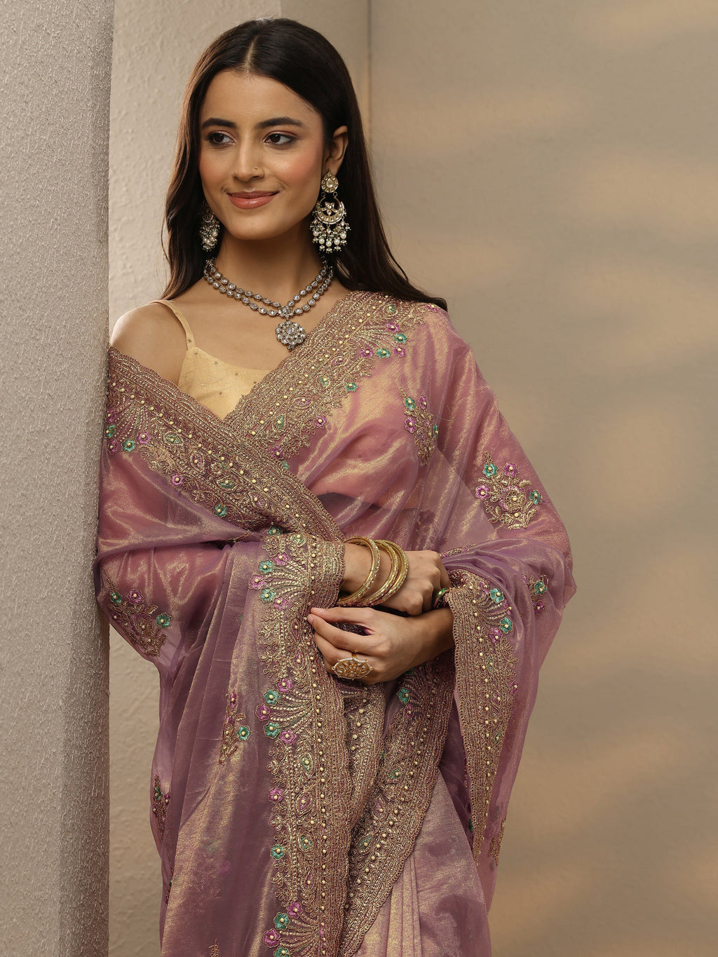Mauve Embroidered Nylon Saree With Unstitched Blouse Piece