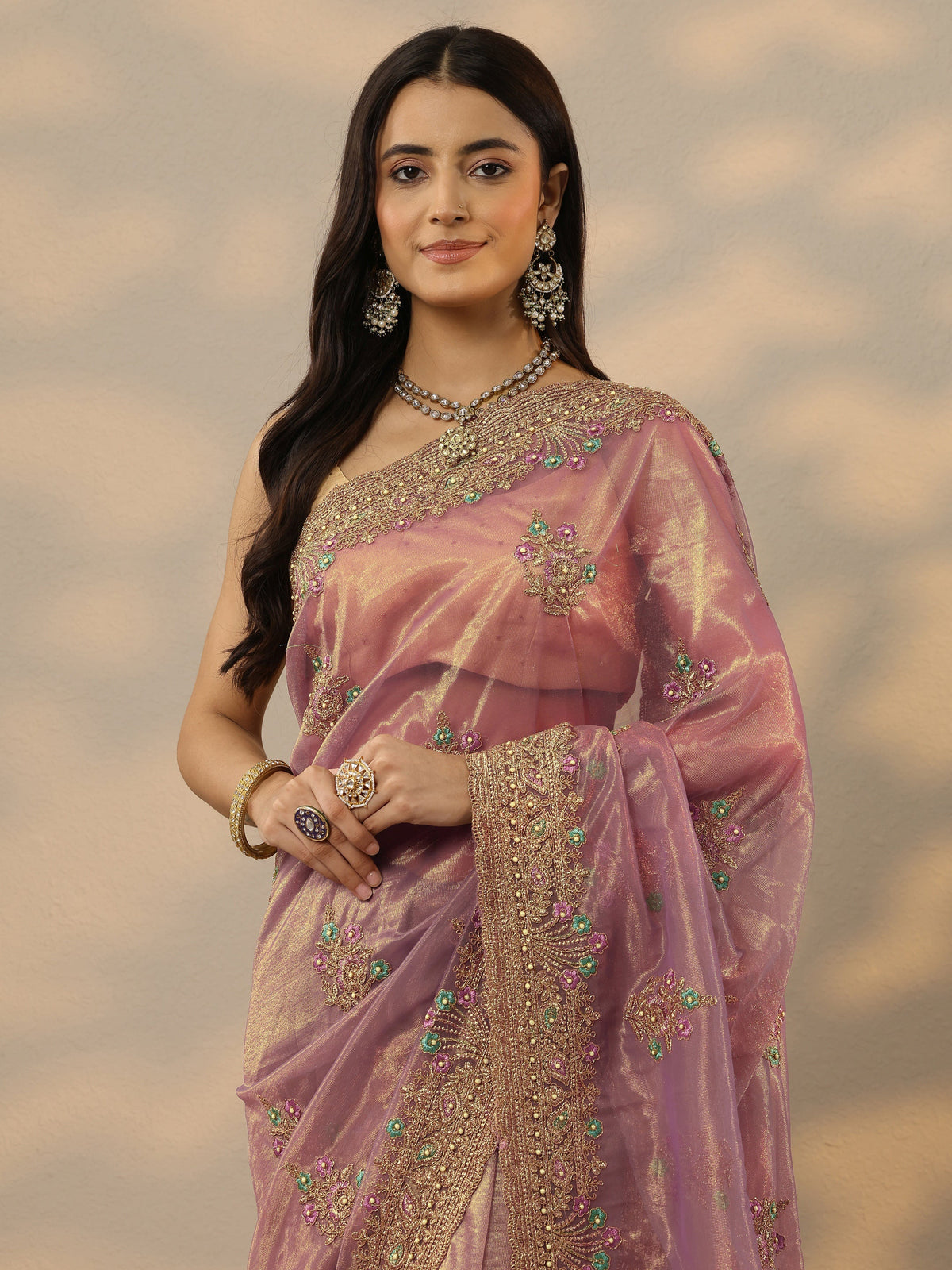 Mauve Embroidered Nylon Saree With Unstitched Blouse Piece