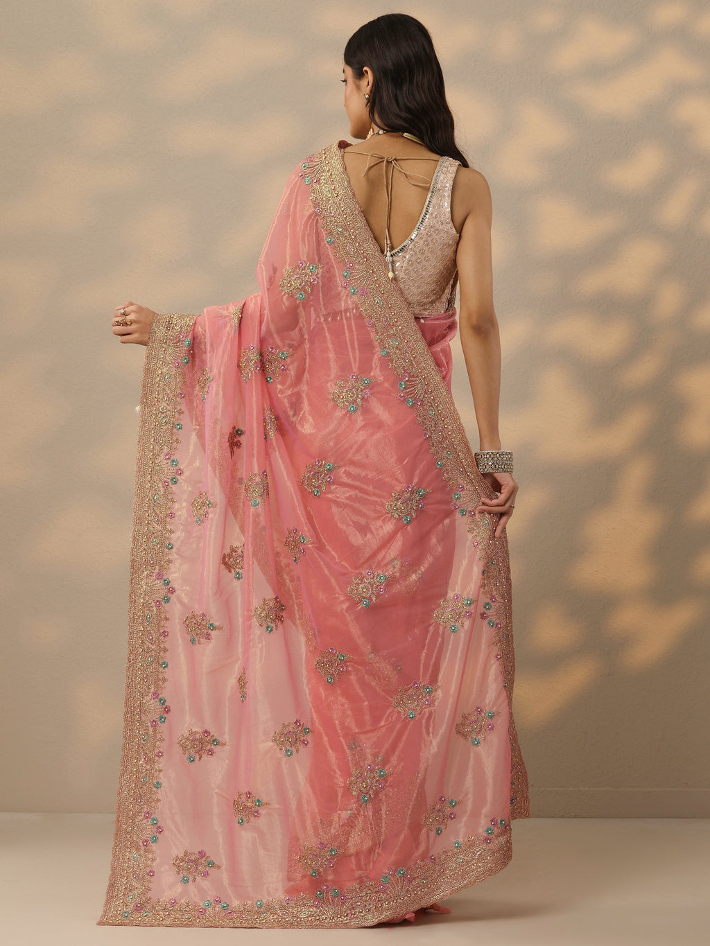 Peach Embroidered Nylon Saree With Unstitched Blouse Piece