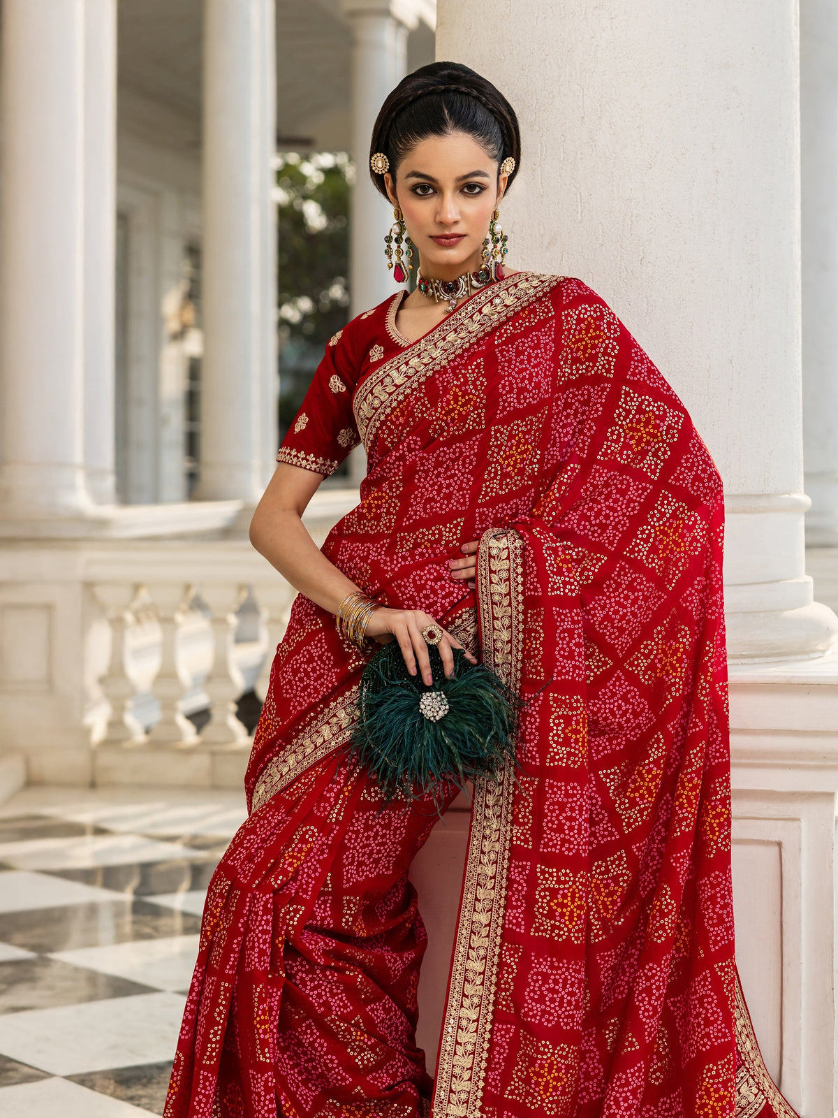 Red Bandhani  Printed Silk Blend Saree With Unstitched Blouse Piece