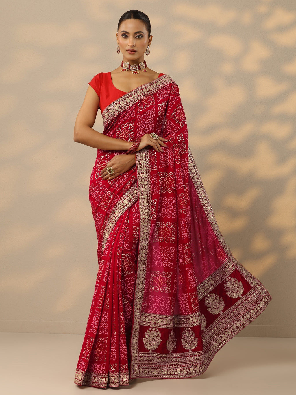 Red Bandhani  Printed Silk Blend Saree With Unstitched Blouse Piece