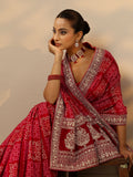 Red Bandhani  Printed Silk Blend Saree With Unstitched Blouse Piece