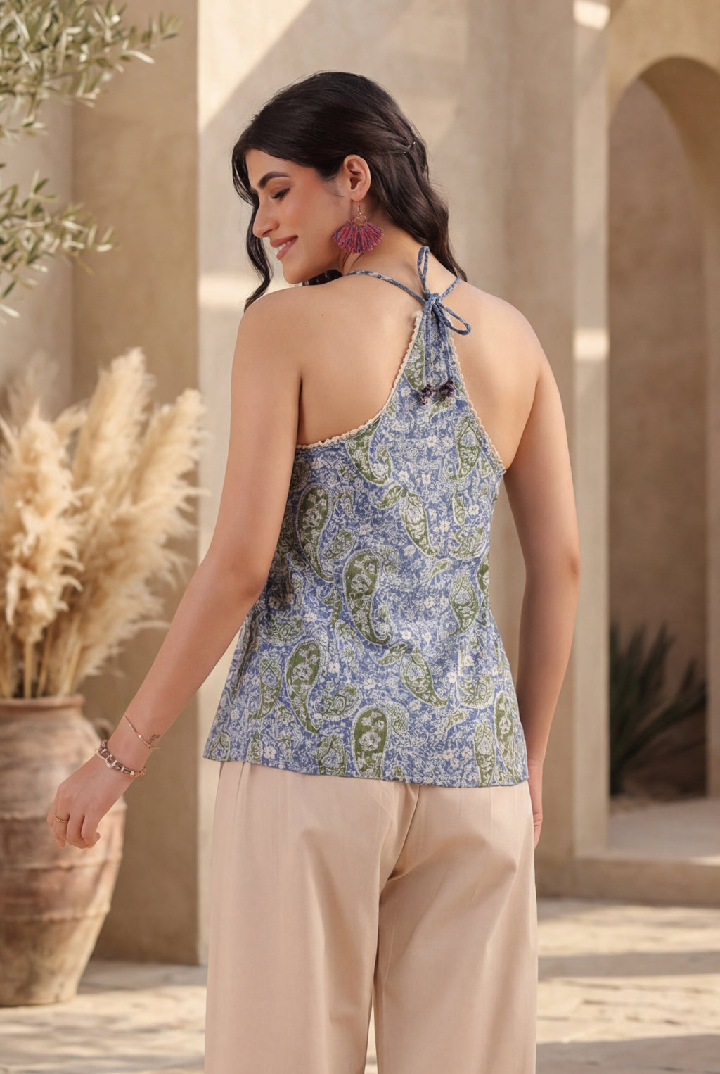 Womens Print Ruffles Cotton Wrap Top