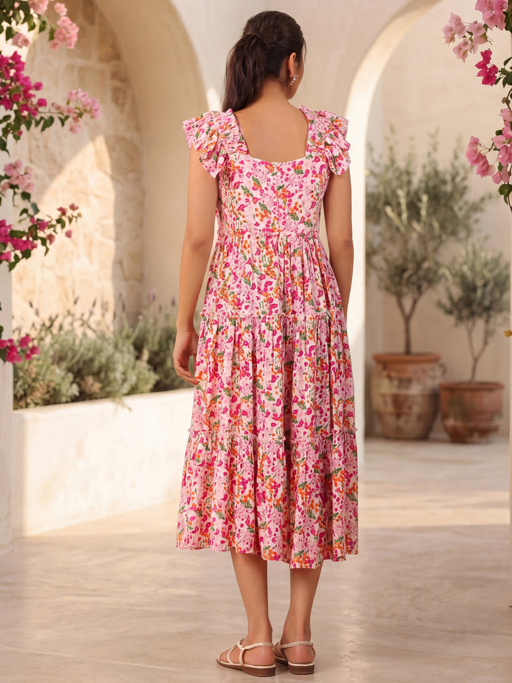 Pink Floral Printed Fit-and-Flare Short Sleeves Dress