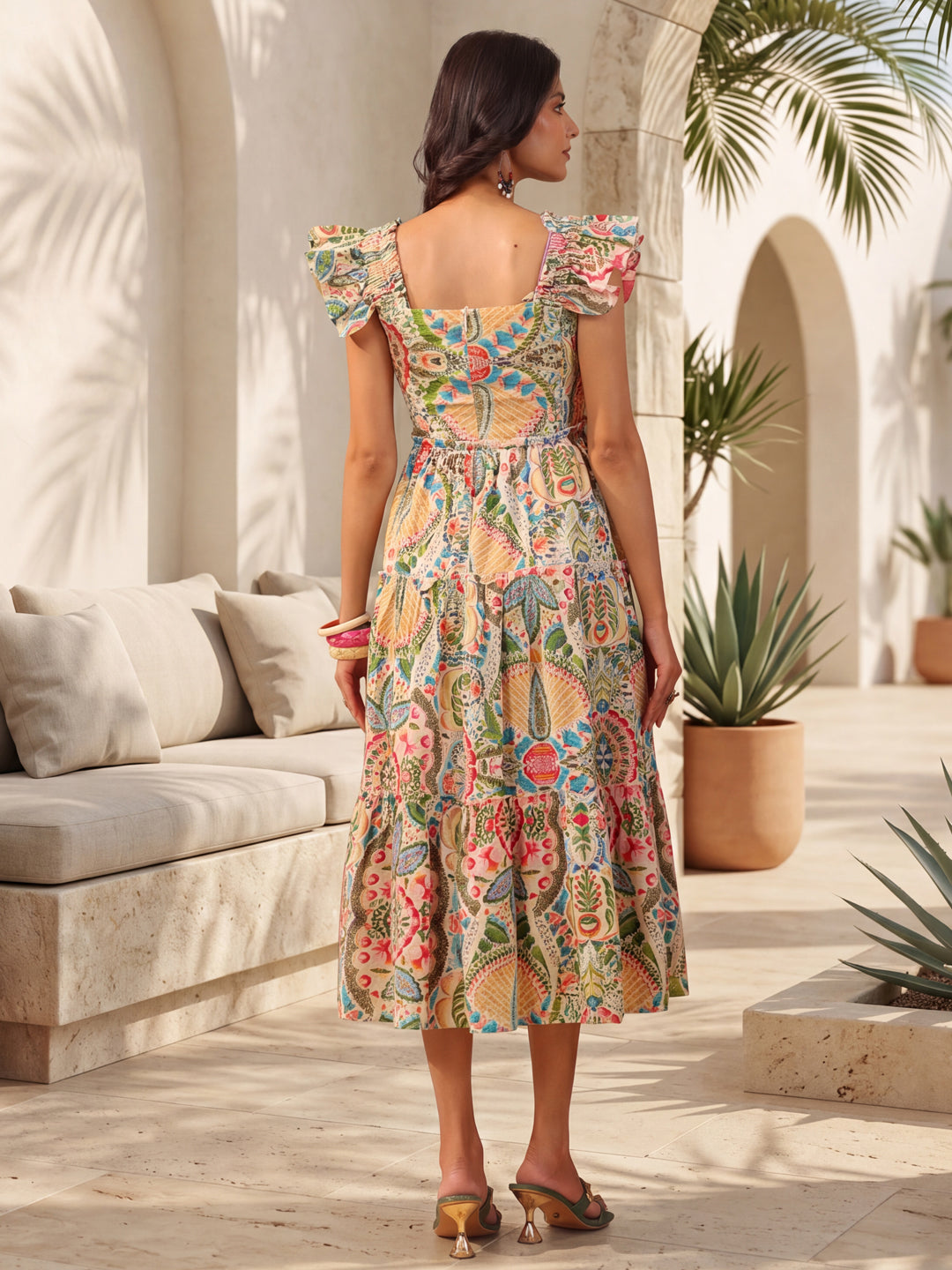Multicolor Printed Cotton Fit-and-Flare Sleeveless Dress