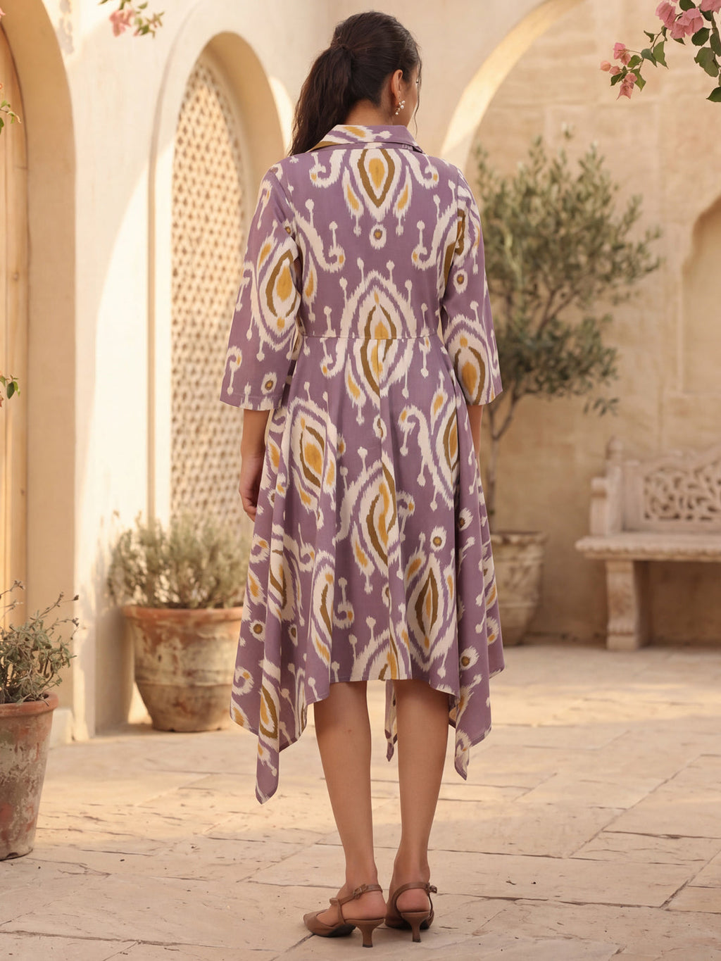 Womens Printed Shirt Collar Fit & Flare Ethnic Dresses